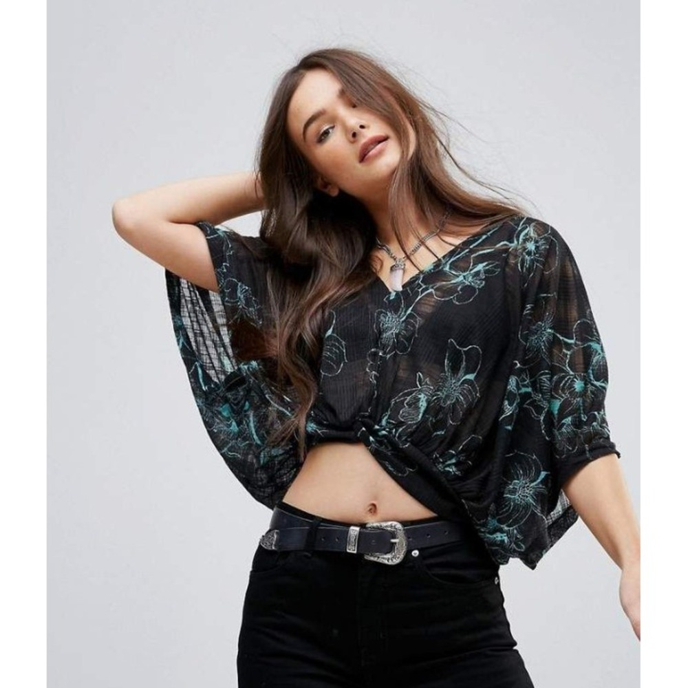 Free People Blouse Womens XS Black Teal Floral Twist Front Dolman Boho OB810660